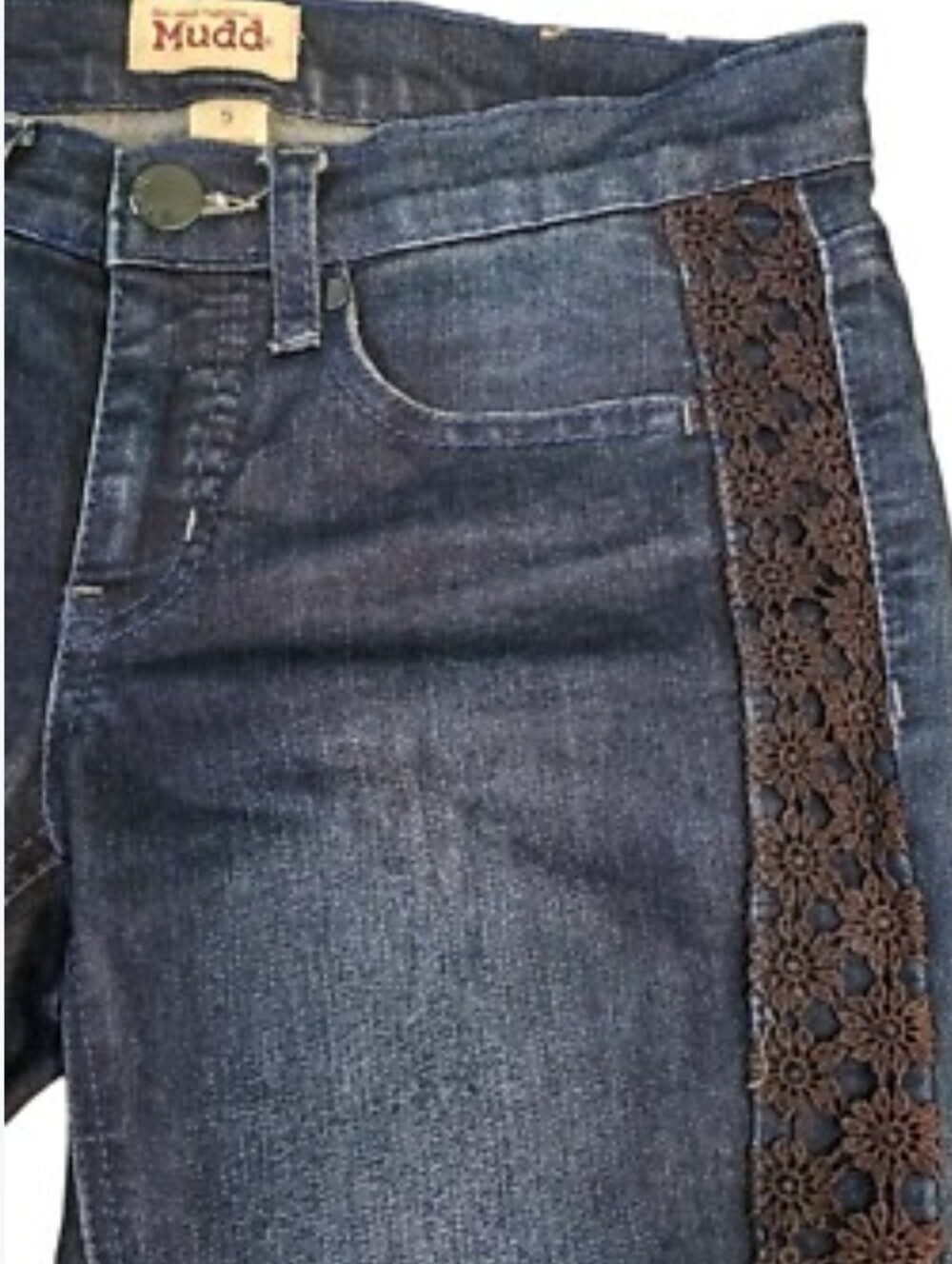 Y2K Mudd Side Flower Lace Low Rise Stretch Blue Denim Skinny Leg Jeans Size 12.